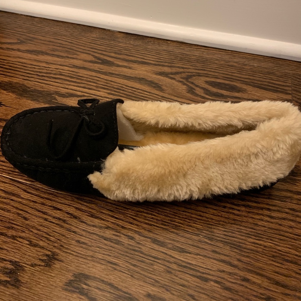 Faux Fur lined black suede moccasins